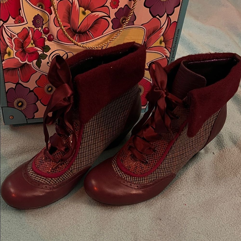 Poetic License Burgundy Lace Up Boots afternoon tea